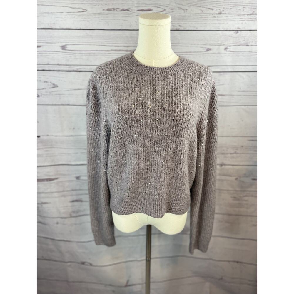 NWT Puff Sleeve Rhinestone Sweater Women’s Medium Supersoft Knit Taupe